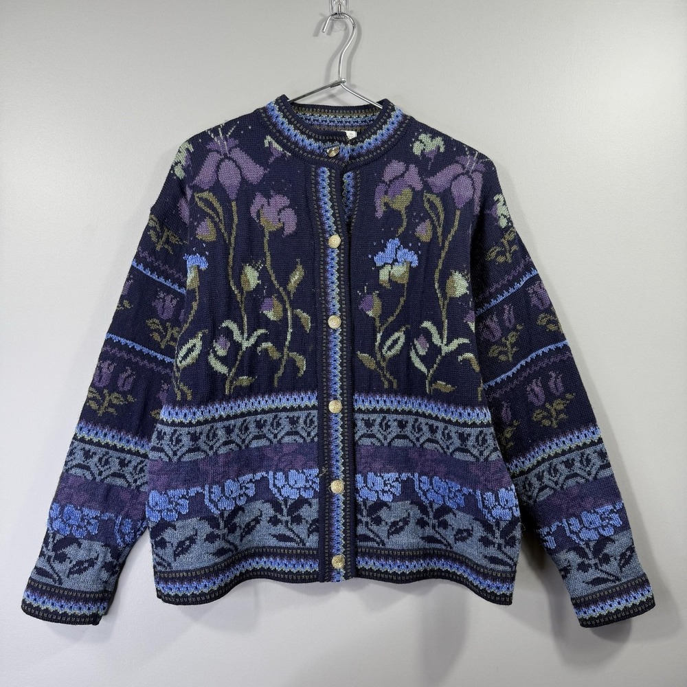 Cherry Best Sweater Womens Small Blue Floral Wool Button Cardigan England Knit